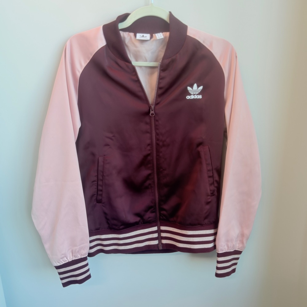 Adidas Bomber Jacket Women S Burgundy Pink Excellent Satin Trefoil ED4787